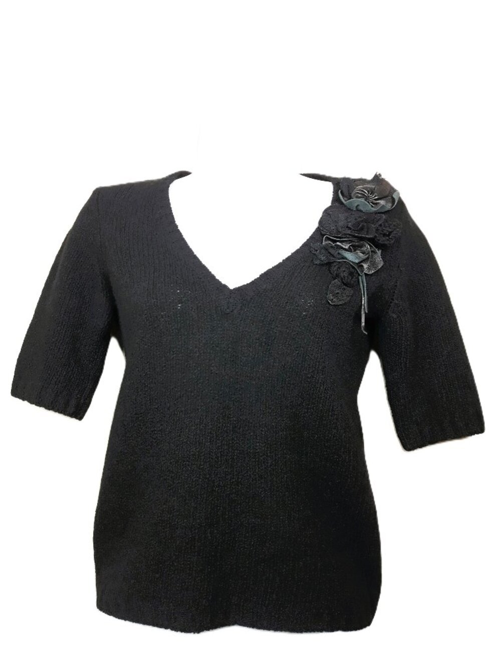 BCBGMAXAZRIA Black Sweater 3-D Flowers Lambswool Angora Blend Short Sleeve XS